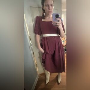 Polagram Burgundy Midi Dress with White Textured Waistband